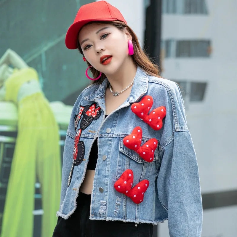 Fashion Brand Jeans Coat Women's Spring Autumn New Heavy Industry Cartoon Sequins Chaqueta High Street Loose-Fitting Denim Coats - SS69