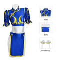 Chun Li Cosplay Dress Set - Women's Blue Qipao Game Costume