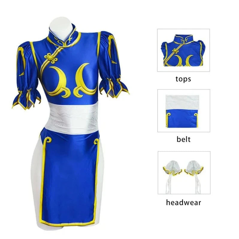 Chun Li Cosplay Dress Set - Women's Blue Qipao Game Costume