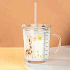 350ml Cute Unicorn Children Milk Cup With Scale Transparent Breakfast Cup With Straw Lid Cartoon Glass Cup For Kids Drinkware