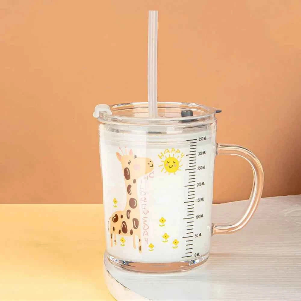 350ml Cute Unicorn Children Milk Cup With Scale Transparent Breakfast Cup With Straw Lid Cartoon Glass Cup For Kids Drinkware