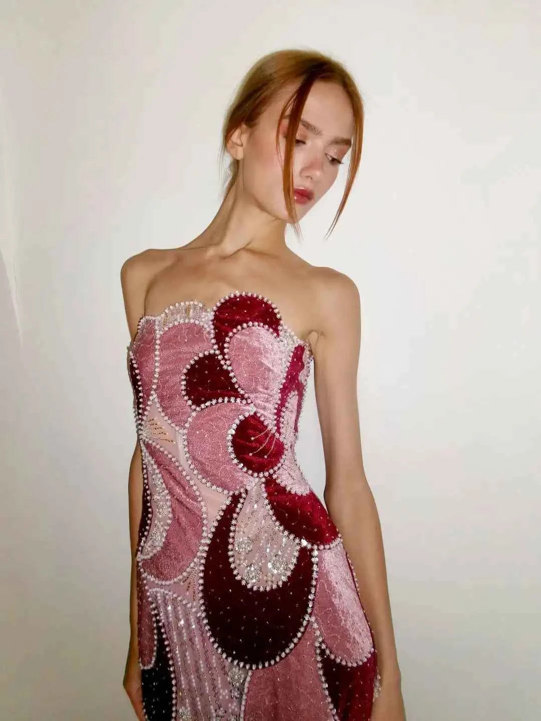 Customized Luxury Retro Trend Sheath Strapless Geometric Pattern Beaded Sequins Pearls Mesh Midi Evening Prom Formal Party Dress