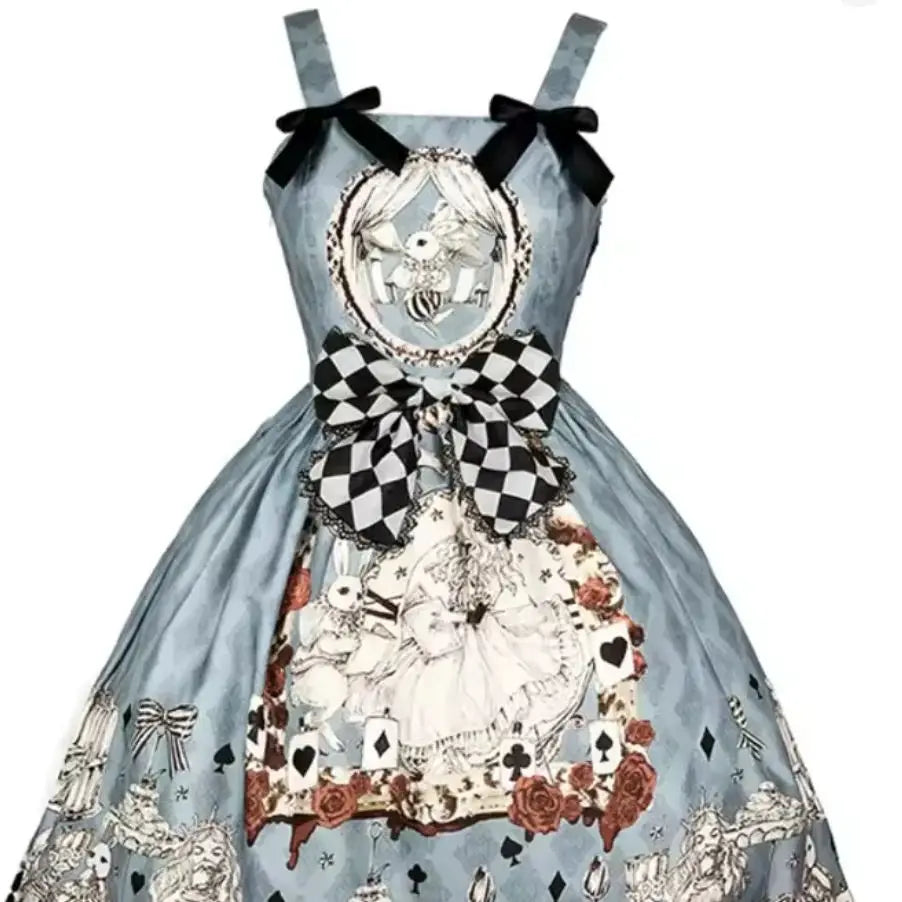 Vintage Gothic Lolita Style Slip Dress Women Harajuku Y2k Sleeveless Dark Bunny Print Party Dresses Girly Kawaii Bow Vestidos