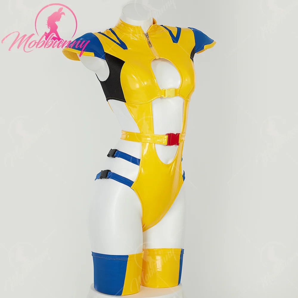 MOBBUNNY Women's PU Leather Bodysuit Cosplay Costume Set with Hat & Gloves