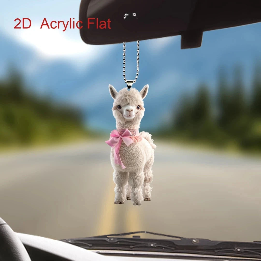 1 Cute Alpaca Acrylic Keychain 2D Graphic Design with Pink Bow Perfect for Car Rearview Mirror Home Decor PendantCarDecorations SS69