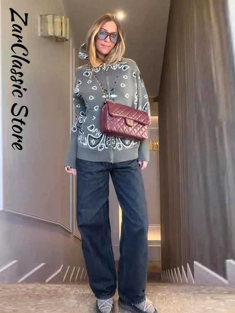 Warm Printed High Collar Knit Cardigans Women Contrast Jacquard Zipper Full Sleeve Pocket Sweater 2026 Spring Lady Chic Knitwear