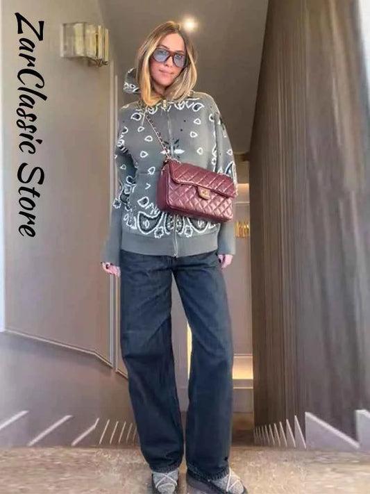 Warm Printed High Collar Knit Cardigans Women Contrast Jacquard Zipper Full Sleeve Pocket Sweater 2026 Spring Lady Chic Knitwear