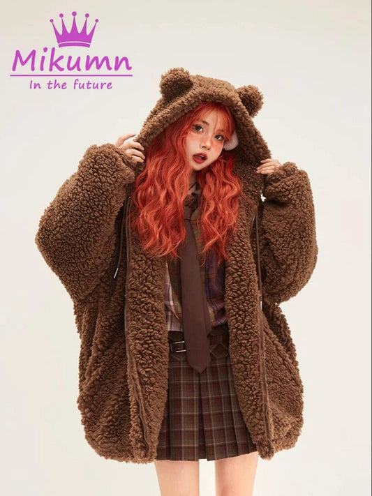 Mikumn Harajuku Y2k Cute Bear Ears Lamb Wool Coat Women's Winter Soft Thickened Warm Hooded Overcoat Female Casual Outwear SS69