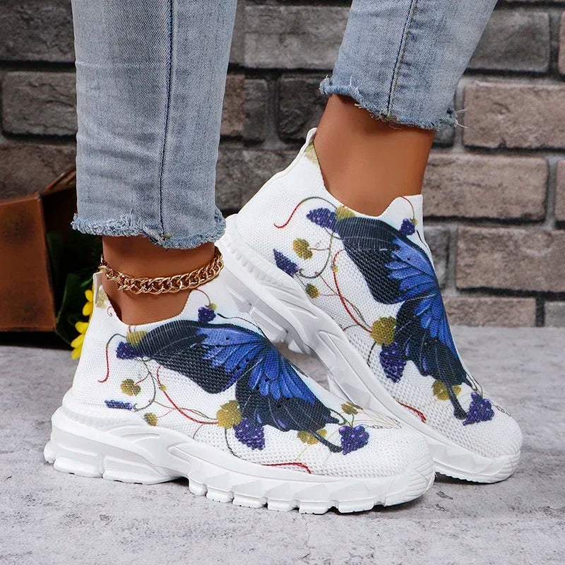 Fashion Butterfly Print Platform Sneakers for Women 2025 Autumn Non Slip Knitted Sports Shoes Woman Thick Sole Slip On Sneakers