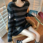 New Streetwear Top Punk Gothic Long Unisex Sweater Summer Women Striped Cool Hollow Out Hole Broken Jumper Loose Rock Thin Dark