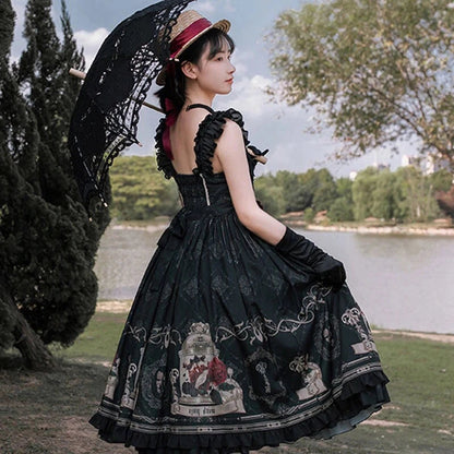 Vintage Lolita Jk Dress Women Black Gothic Bow Ruffles Party Camis Dress Japanese Kawaii Vacation Victorian Sleeveless Vestidos SS69