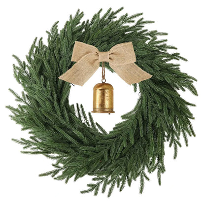 Norfolk Pine Holiday Wreath with LED Lights & Ribbon  24 Inch Battery Powered Front Door Decoration