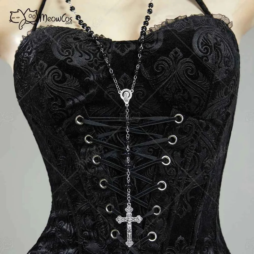 MEOWCOS Women's Misa Gothic Black Corset and Layered Skirt Set with Gloves