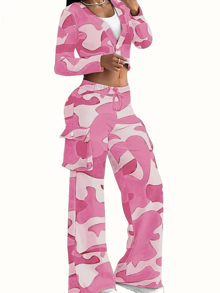 Camo Print Cargo Pants Sets Sexy Crop Tops & Elastic High Waist Wide Leg Trousers Women's Two Pieces Set Casual SweatOutfits SS69 26.69 Pink / S