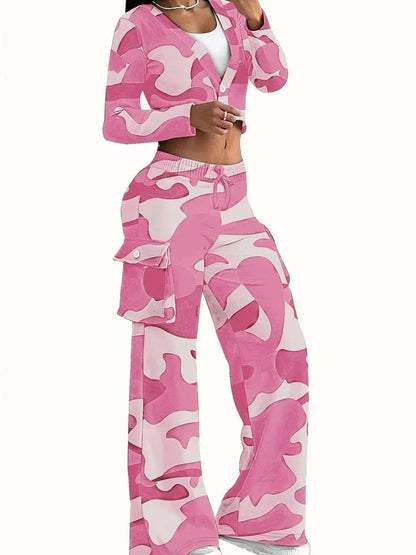 Camo Print Cargo Pants Sets Sexy Crop Tops & Elastic High Waist Wide Leg Trousers Women's Two Pieces Set Casual SweatOutfits SS69 26.69 Pink / S