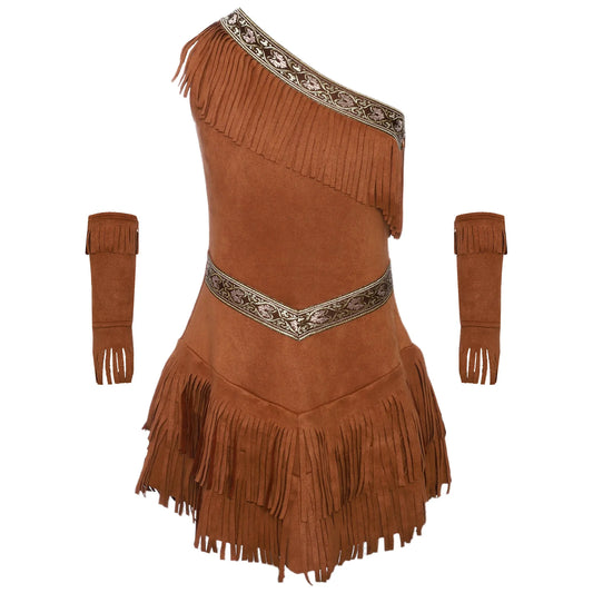 YiZYiF Girls Native American Inspired Fringe Dress with Sleeves Cosplay Set