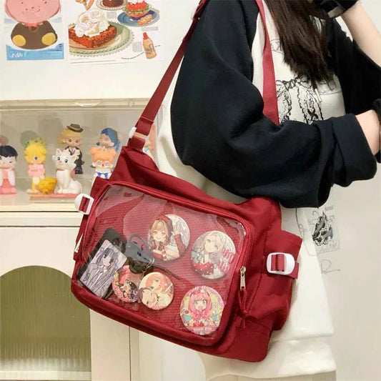 Women Ita Bag Japanese Style Shoulder Purse with Clear Window Cartoon Book Bag Multi-pockets Adjustable Strap Trendy Outdoor Bag