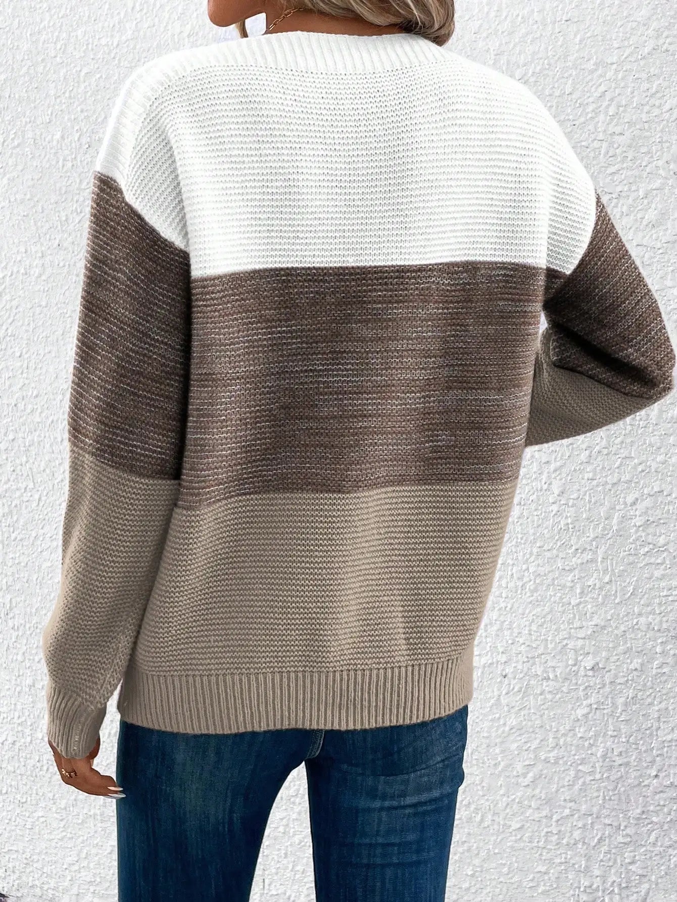 Women's Striped Patchwork Knit Sweater - Casual Loose Autumn/Winter Jumper