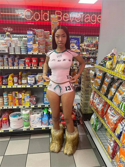 2025 Woman Clothing Shorts Suit America Sports Style Fashion Slim Retro Summer Letter Print Short-sleeved Top Y2k ropa de mujer SS69