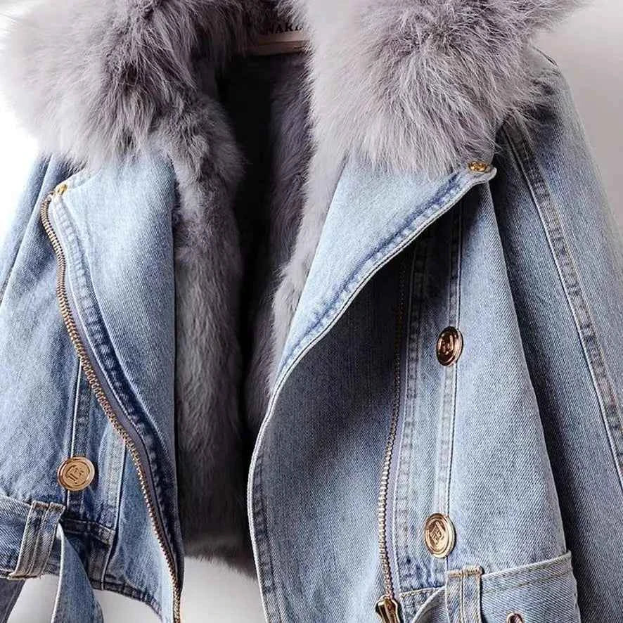 2026 New Women Faux Fox Fur Collar Jean Coat Winter Jacket Female Short Warm Parkas Rabbit Hair Lining Outwear Fashion Overcoat