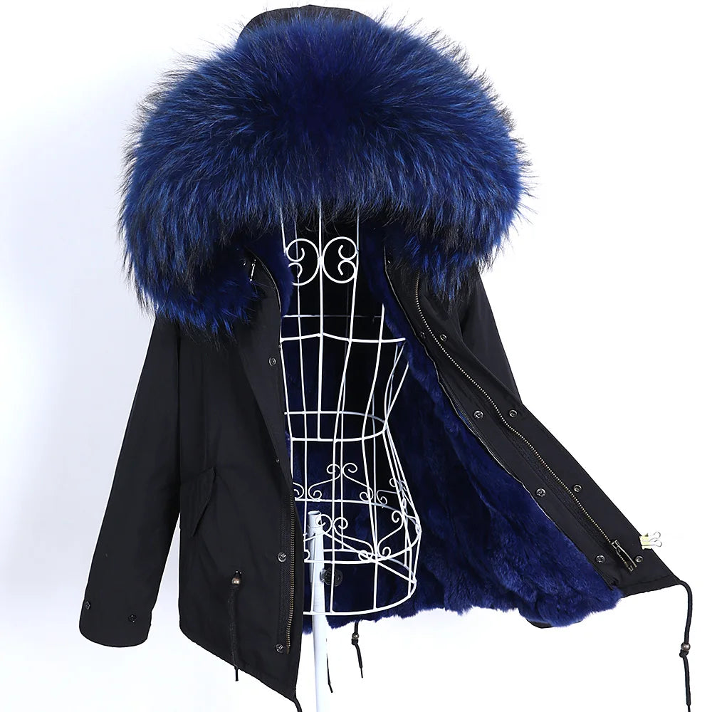 Maomaokong Winter Women Parka Cotton Jacket Real Fur Coat Natural Fox Fur Hooded Rabbit Fur Liner Thick Warm Outerwear Female