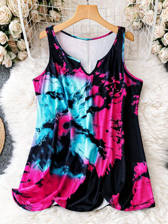 Plus Size Tie Dye  Casual Sleeveless Notched Neck Tank Top - SS69 