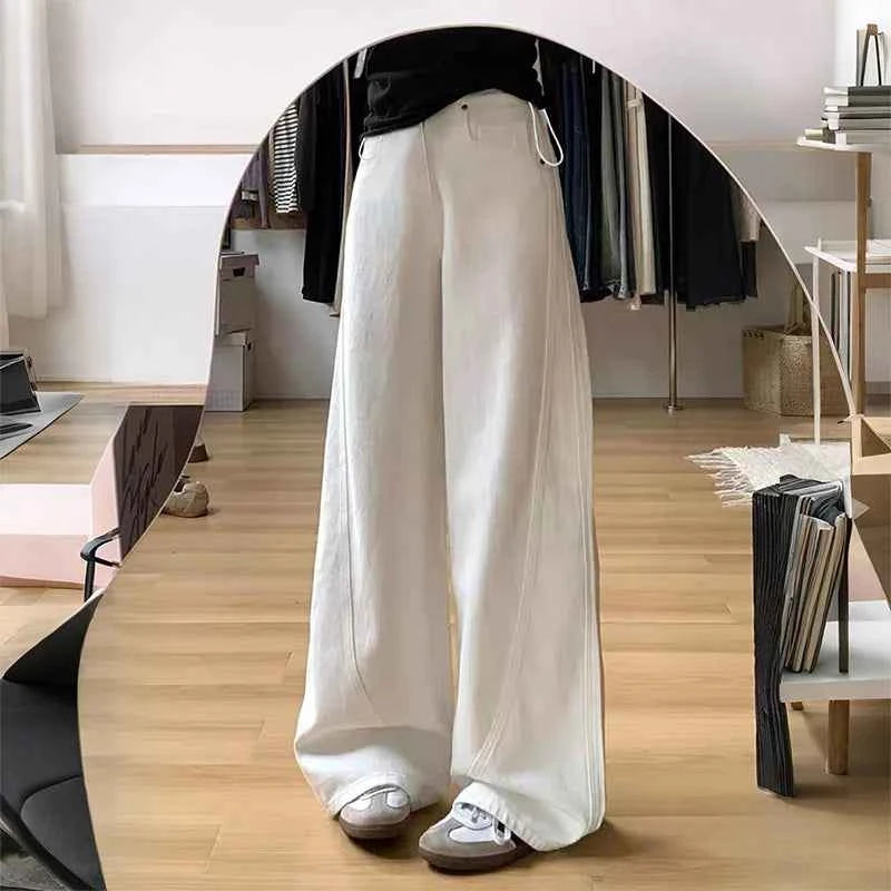 Drawstring Adjustable Maternity Wide-Leg Curve Pants High Waist Belly Support Retro Baggy Trousers for Spring Autumn 3 Colors