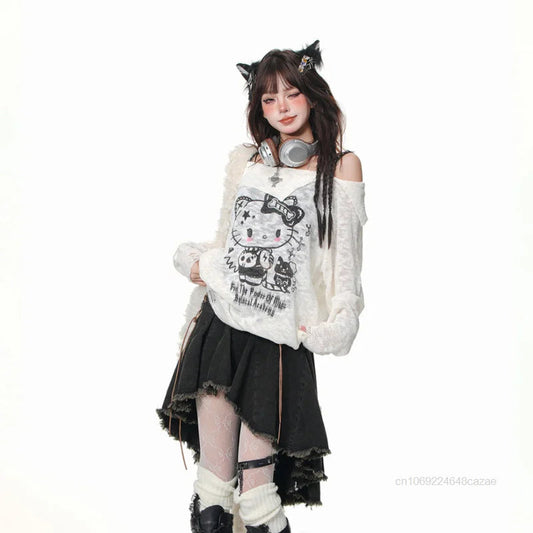 Sanrio Hello Kitty Y2k Spicy Girl Cute Graffiti T-shirt Slash Neck Micro Transparent Strap Top Women New Trend Long Sleeve Tees SS69
