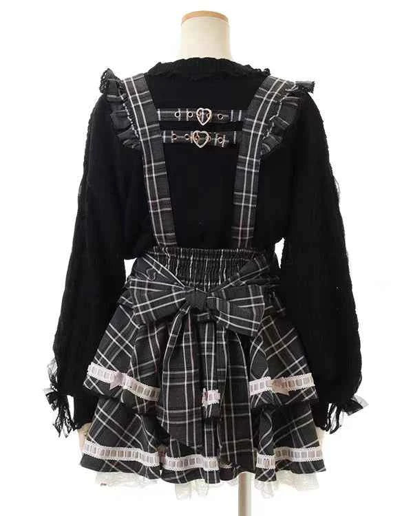Original Japanese Mines Lolita Strap Skirts Women High Waist and Thin Frilly Pleated Skirt College Style Liz Girl Plaid Skirt