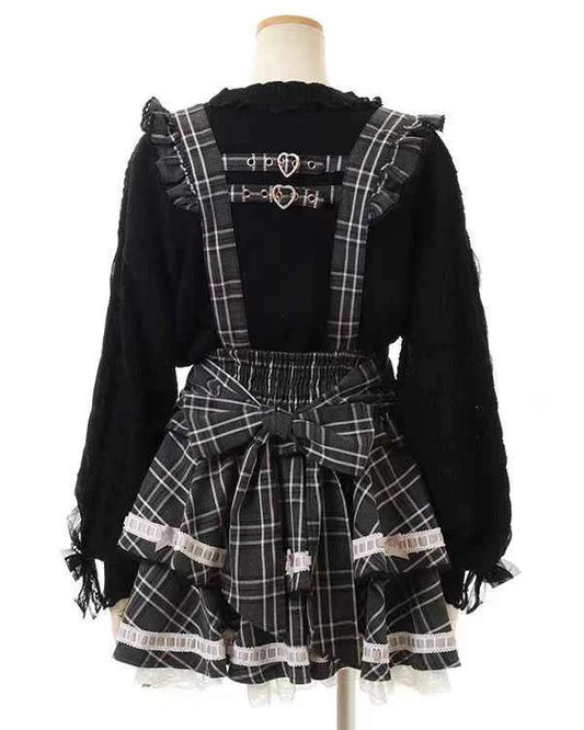 Original Japanese Mines Lolita Strap Skirts Women High Waist and Thin Frilly Pleated Skirt College Style Liz Girl Plaid Skirt