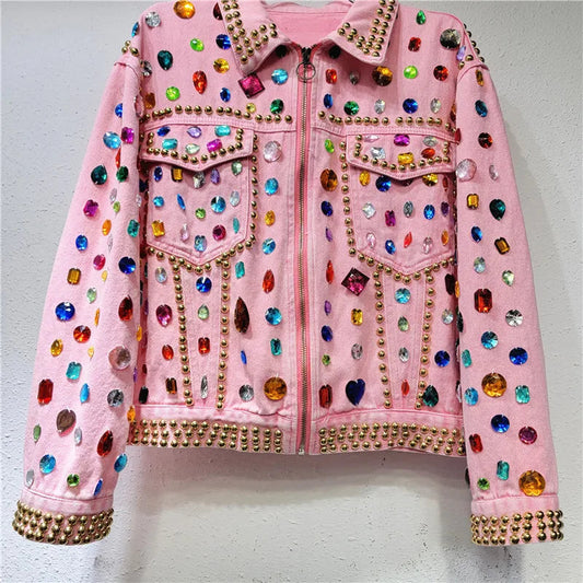 Women Rainbow Diamonds Beaded Pink Denim Coat Loose Rhinestones Jeans Jacket Long Sleeve Crystal Cowboy Cardigan Rivets Tops SS69