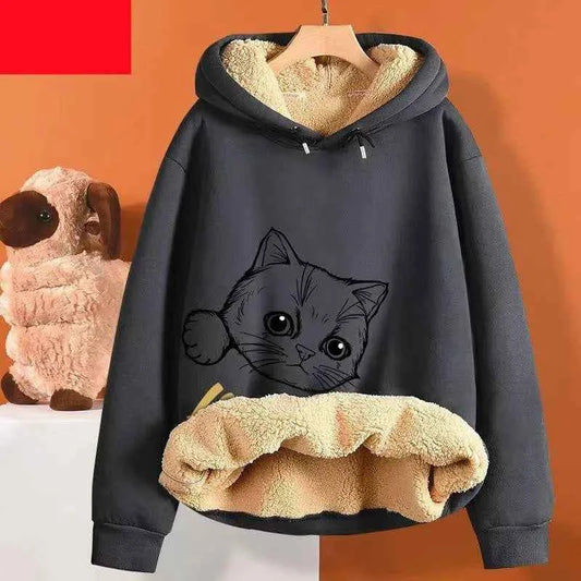 Inner Lining Composite Lamb Fleece Sweatshirt Thick Winter Loose Keep Warm Hoodie Peeking Cartoon Cat Women's Oversized Pullover