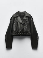 Ailegogo Women's Faux Leather Moto Jacket with Belt