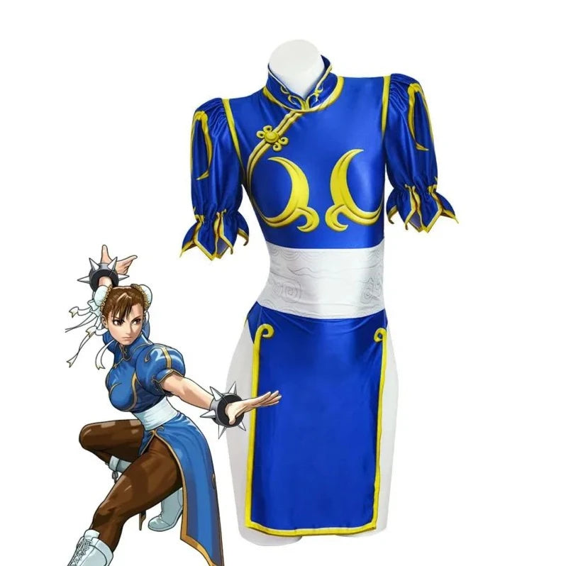 Chun Li Cosplay Dress Set - Women's Blue Qipao Game Costume