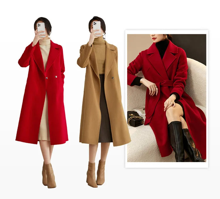 SENTUBILA Women's 100% Wool Long Wrap Coat with Belted Waist