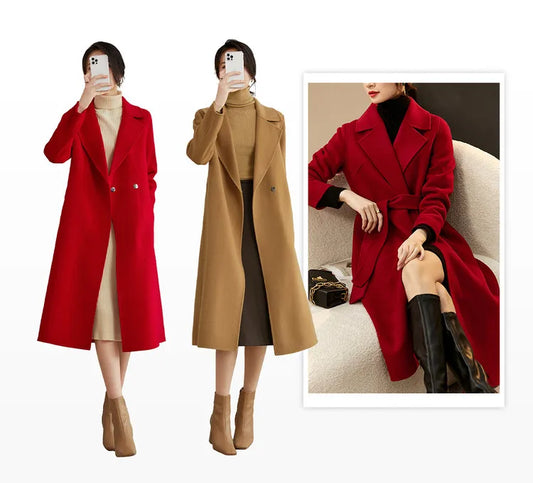 SENTUBILA Women 100% Wool Long Wrap Coat 2026 Elegant Notched Collar Belted Warm Double Faced Woolen Winter Overcoat W24O43352