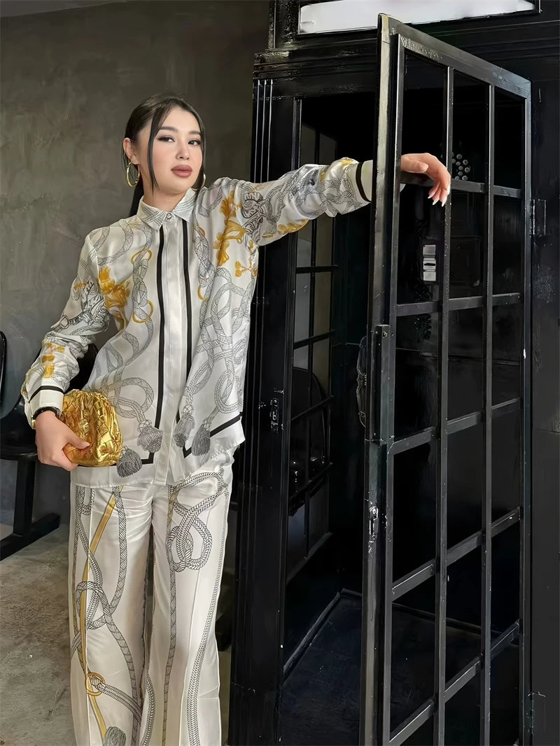 Camisas Newest Exclusive Women Luxury Shirt Long Sleeve Lapel Satin Shirt Old Money Print Brand Design Shirt OL Blouse руба