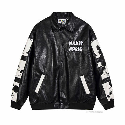 Disney American Cartoon Mickey Embroidery Leather Jacket Men Women Autumn Winter Loose Casual Jacket Fashion Trend Couples Coat SS69