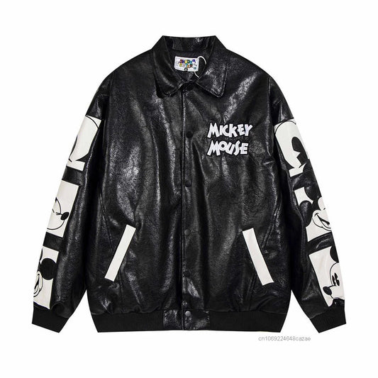 Disney American Cartoon Mickey Embroidery Leather Jacket Men Women Autumn Winter Loose Casual Jacket Fashion Trend Couples Coat SS69