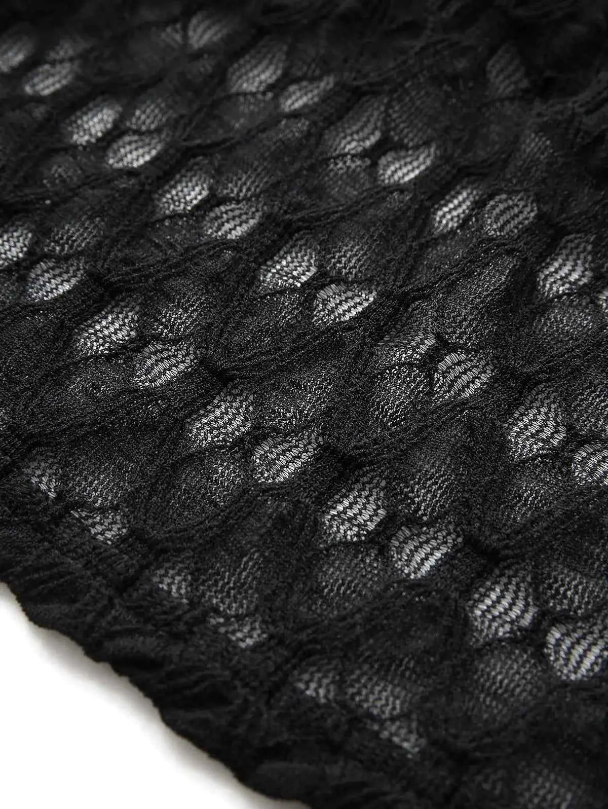 New Gothic Cold Shoulder Tops Women's Crochet Mesh Semi See Through Shirt with Cut Out Panels, Twist Front Cropped T-Shirt