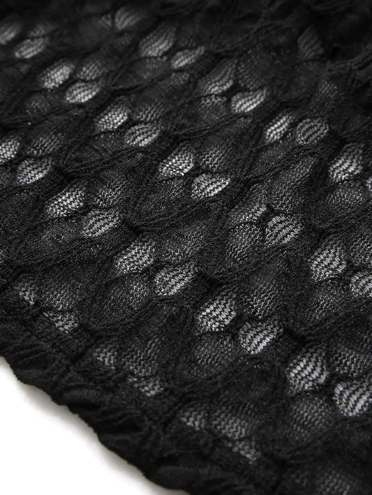 New Gothic Cold Shoulder Tops Women's Crochet Mesh Semi See Through Shirt with Cut Out Panels, Twist Front Cropped T-Shirt
