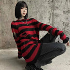 New Streetwear Top Punk Gothic Long Unisex Sweater Summer Women Striped Cool Hollow Out Hole Broken Jumper Loose Rock Thin Dark