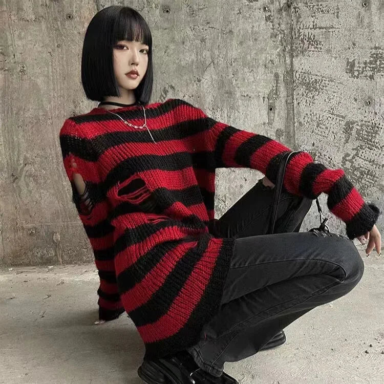 New Streetwear Top Punk Gothic Long Unisex Sweater Summer Women Striped Cool Hollow Out Hole Broken Jumper Loose Rock Thin Dark