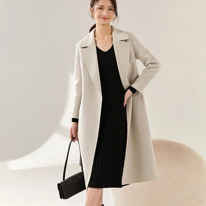 SENTUBILA Women 100% Wool Long Wrap Coat 2026 Elegant Notched Collar Belted Warm Double Faced Woolen Winter Overcoat W24O43352