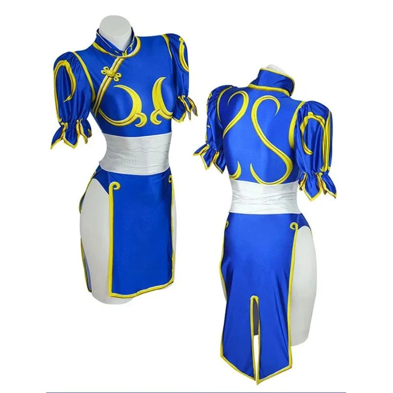 Chun Li Cosplay Dress Set - Women's Blue Qipao Game Costume