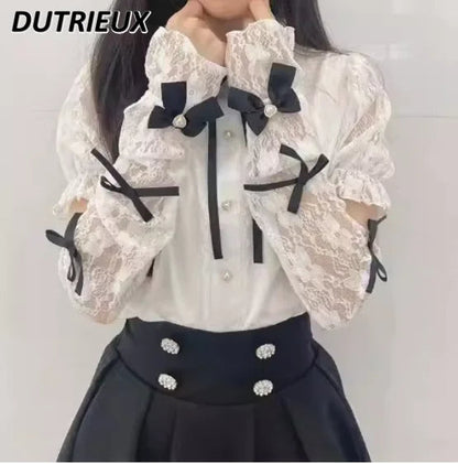 Japanese Style Shirt Women's Summer New Mine Lolita Camisa Clothes Lace Sweet Cute Oversleeve Long Short Sleeve Blouse Top Girl SS69 41.69 White and Black / One Size