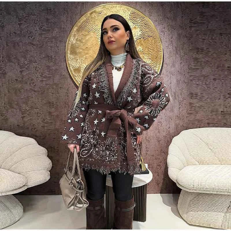 Warm Printed High Collar Knit Cardigans Women Contrast Jacquard Zipper Full Sleeve Pocket Sweater 2026 Spring Lady Chic Knitwear