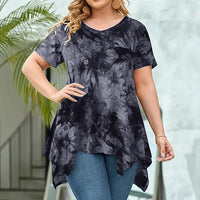 5XL Plus Size Woman Clothing Tie Dye Short Sleeve T-shirt Casual New Style V Neck Irregularity Tops Big Size Ladies Loose Tops - SS69 
