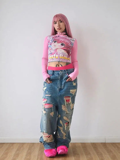 Deeptown Harajuku Kawaii Anime Graphic T Shirts Women Cutecore Cartoon Patchwork Tees Y2K Aesthetic Slim Crop Top Japanese 2000s SS69