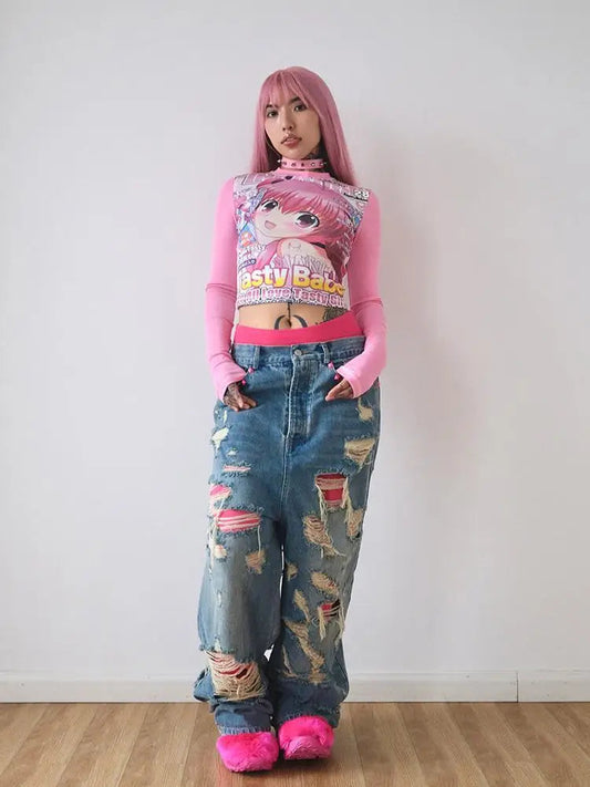 Deeptown Harajuku Kawaii Anime Graphic T Shirts Women Cutecore Cartoon Patchwork Tees Y2K Aesthetic Slim Crop Top Japanese 2000s SS69